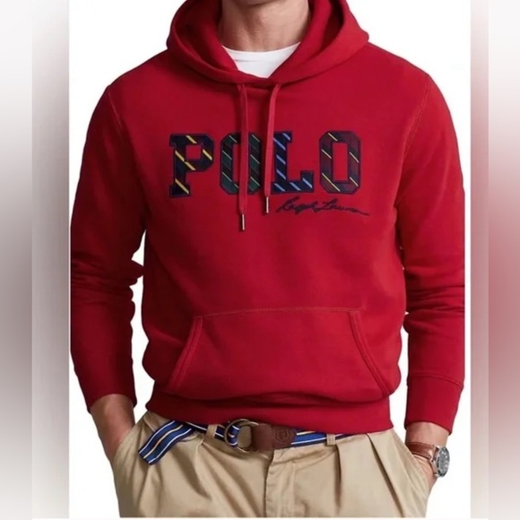 Polo Ralph Lauren Red Varsity Striped Logo Hoodie Sweatshirt Size M - Picture 2 of 11